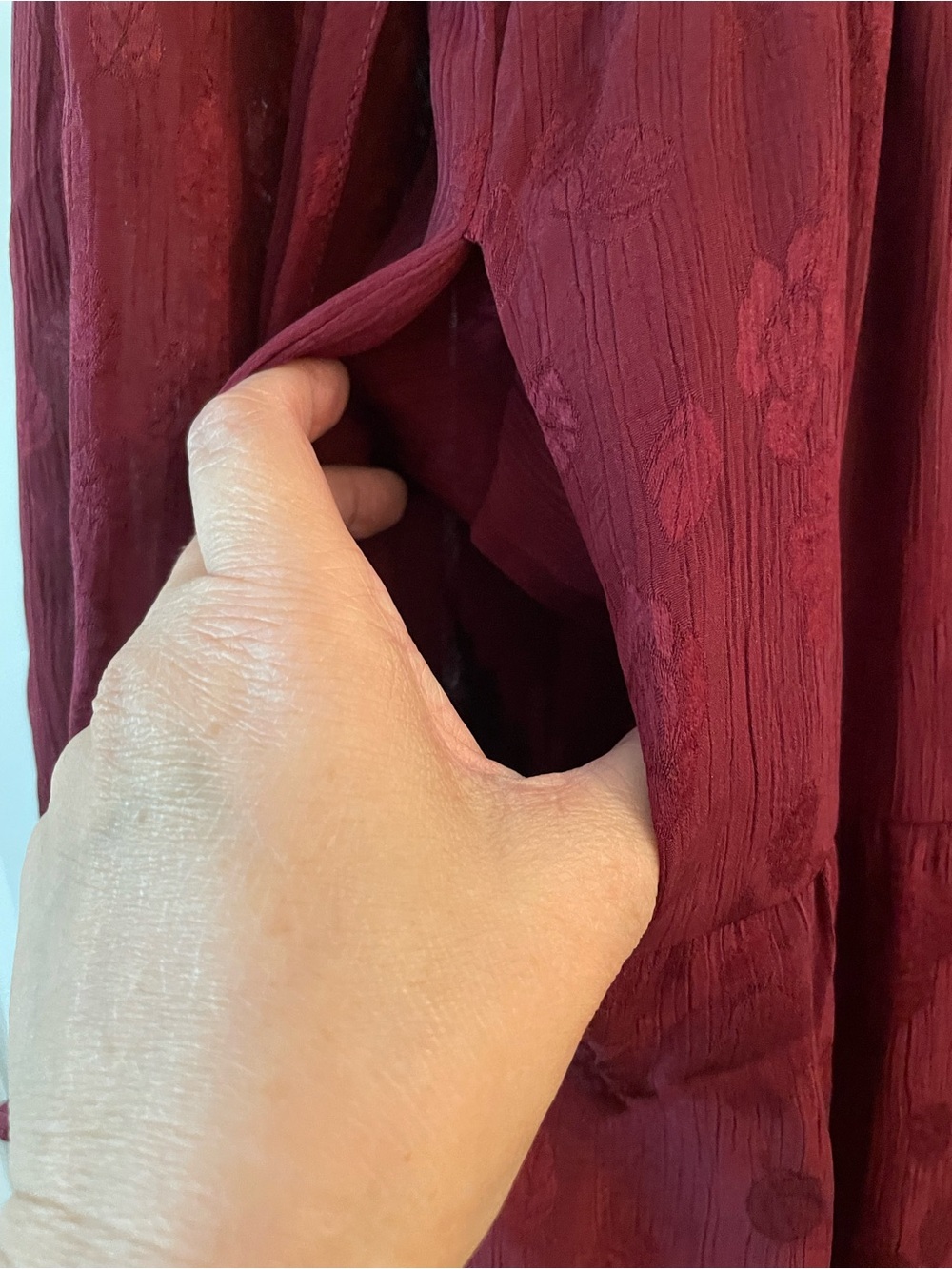 Long-Sleeve Burgundy Tiered Midi Dress w/ pockets - Picture 2 of 6